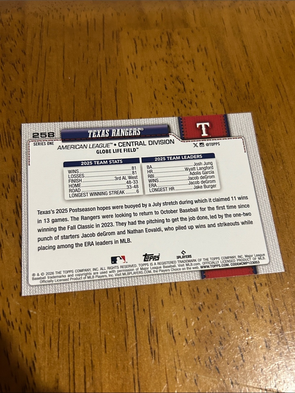 Texas Rangers Team Baseball Card - Topps - Picture 2 of 2